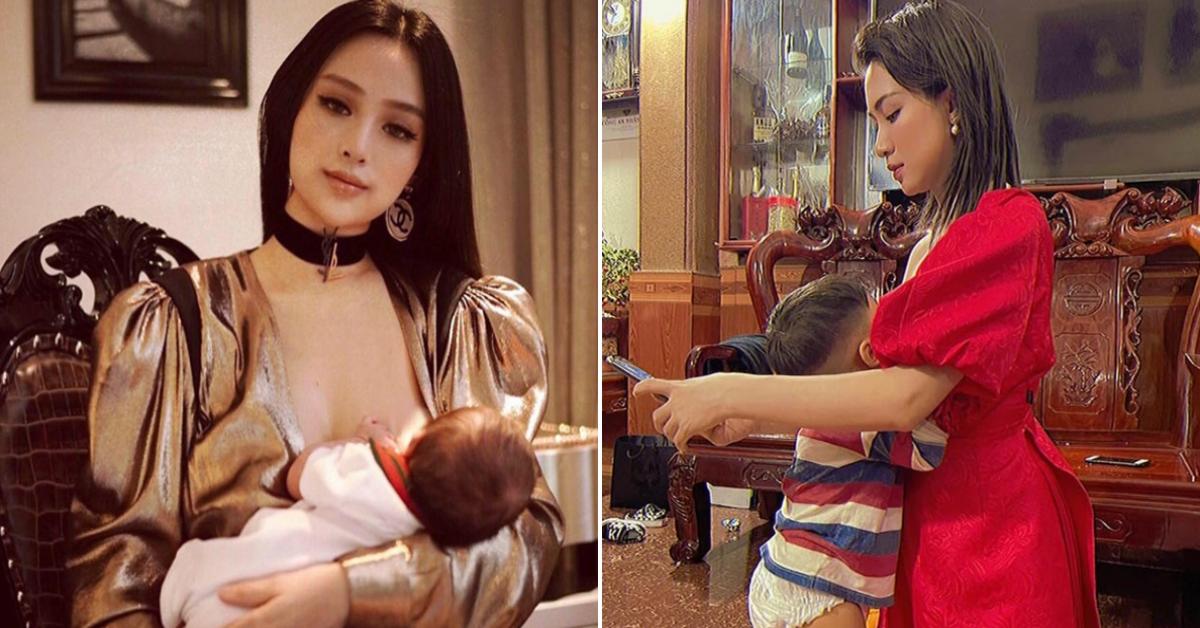 Sao Việt khoe ảnh cho con bú: Hòa Minzy "mẹ quỳ con kiễng", Oanh Yến kéo áo trong thang máy