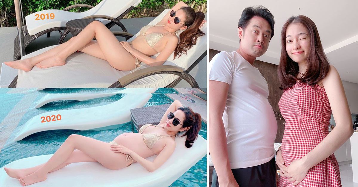Vợ trẻ kém Dương Khắc Linh 13 tuổi so sánh ảnh bikini 1 năm trước và khi bầu song thai